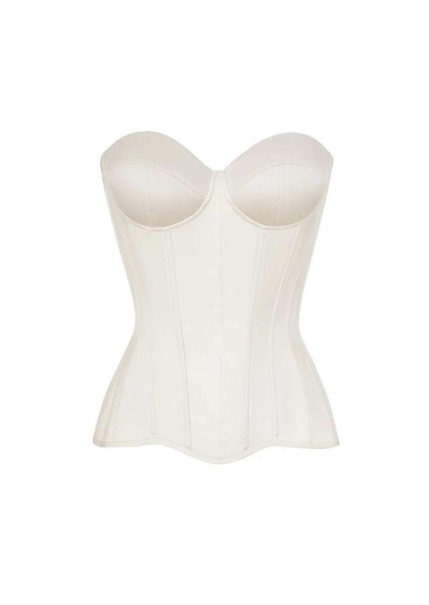 Cream satin corset from the Royal Satin Corset Creme Edition, featuring smooth, shiny fabric and structured design for elegant waist shaping.